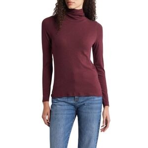 EILEEN FISHER Ribbed Pima Cotton Blend Turtleneck Long‎ Sleeve Top XXS Burgundy